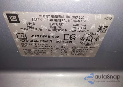 2015 GMC Sierra 1500 Sle z USA, uszkodzony, nr VIN 1GTR1UEC4FZ264485